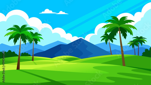 Cartoon landscape with palms and hills view