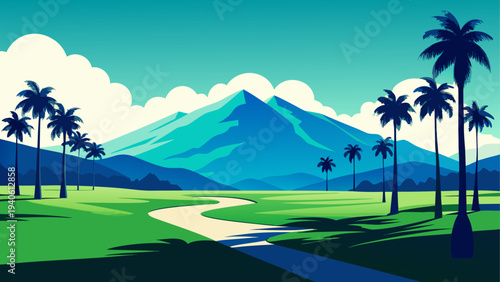 Landscape with palms and mountain scenery