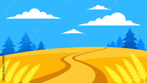 Cartoon landscape with field and trees