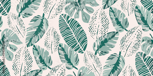 Stylized tropical leaves in a seamless repeating pattern on white