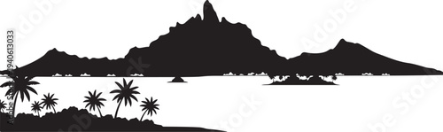 Tropical Bora Bora island resort vector with water bungalows and mountain silhouette