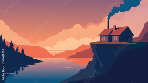 House on cliff overlooking lake at sunset