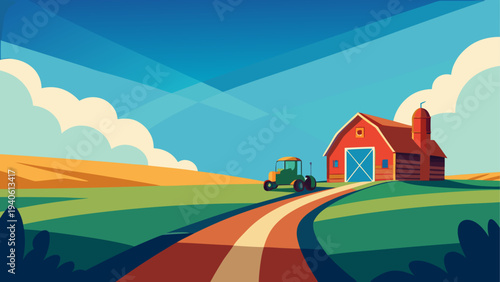Farm landscape with barn and tractor view