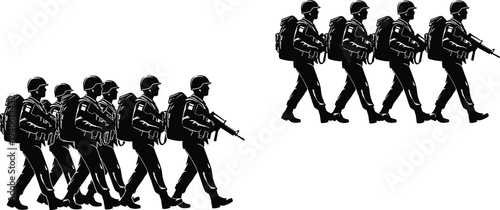 Vector silhouette set of military soldiers in full gear with backpacks and rifles walking in formation and marching isolated on a white background.