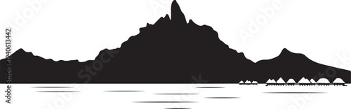 Tropical Bora Bora island resort vector with water bungalows and mountain silhouette