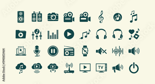 Flat Multimedia and Audio Video Icon Set for Media Player Interface Design Web Elements Pack