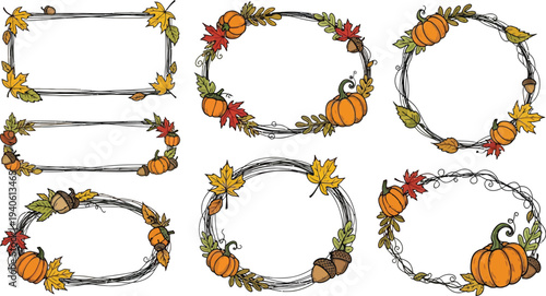 Autumn Harvest Frames with Pumpkins, Leaves, and Acorns