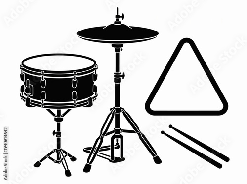Vector illustration of drum set, cymbal, and triangle on stands with drumsticks on white background.eps