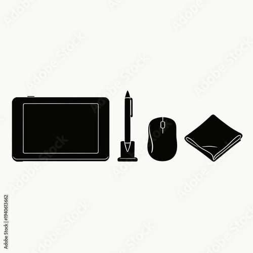 Modern workspace setup with graphics tablet, stylus, mouse, and cloth on a clean surface