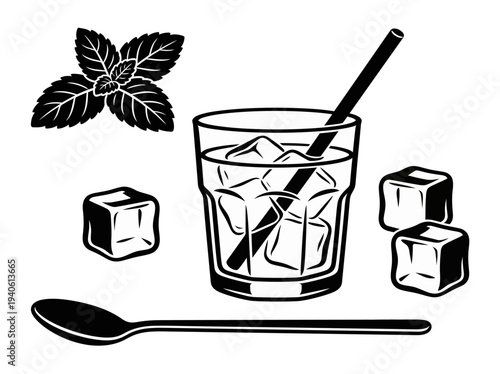 A refreshing drink with mint, ice, and spoon in a glass, served chilled.