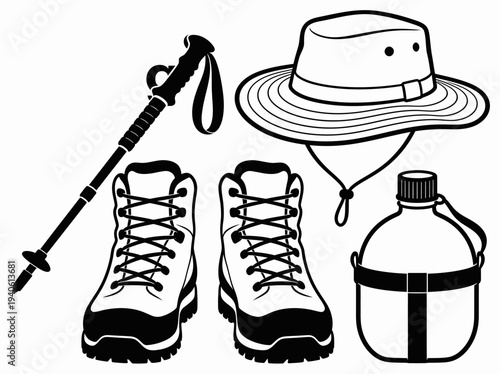 Outdoor gear and hiking equipment set displayed against a clean background
