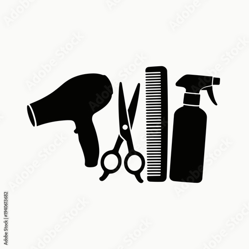 Hair care tools and equipment set illustration with hairdryer, scissors, and spray bottle in a salon setting