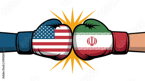 A striking illustration depicting a boxing match between the United States and Iran.
