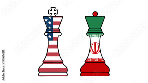Conceptual illustration of US and Iran chess pieces, highlighting geopolitical dynamics.