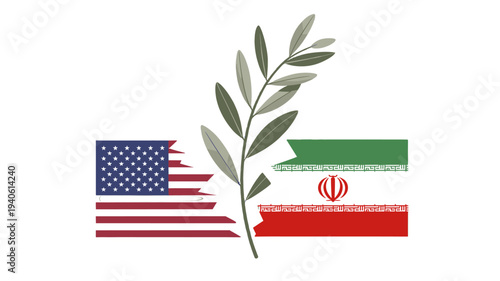 Diplomacy and Peace: United States and Iran Flag with olive branch.
