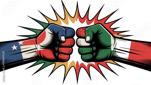 Hands with flags design showing a clash of the nations.