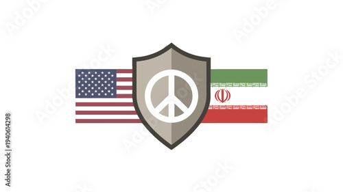 Peace symbol with a shield in the center and flags of the United States and Iran on both sides.