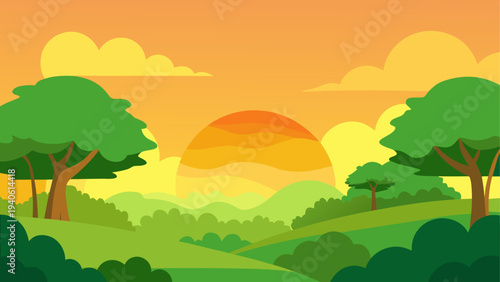 Cartoon landscape with trees and sunset