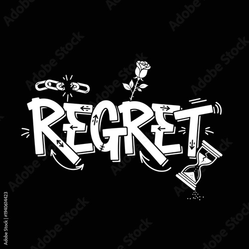 Graffiti art spelling the word regret with symbolic elements.