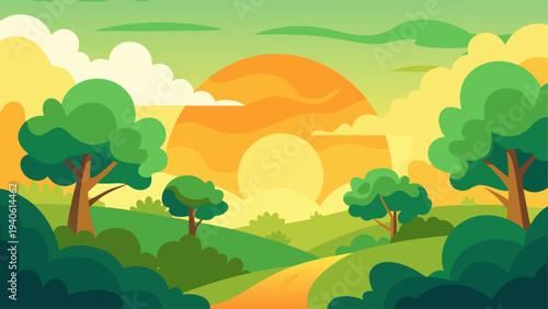 Illustration of a landscape with a sunset