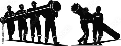 Vector silhouette set of industrial construction workers in hard hats and uniforms carrying a heavy large metal pipe together isolated on white background.