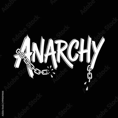 Anarchy text with broken chain graphic on black background.