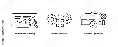 Internal Processes, Performance Tracking, Business Operations icons, workflow, management, corporate process monitoring, analytics operations.