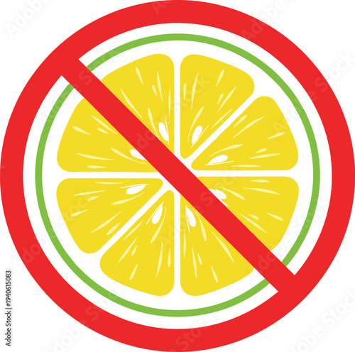 No lemon or citrus warning symbol with prohibited sign illustration isolated on white background for food allergy label, dietary restriction, and safety design