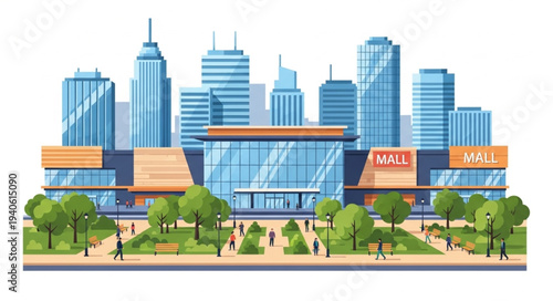 Modern Shopping Mall Building with Tall Skyscrapers in Cityscape.