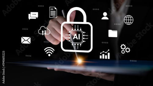 Photos This image illustrates a secure technology concept that integrates artificial intelligence and data protection through various digital icons, highlighting communication and analysis