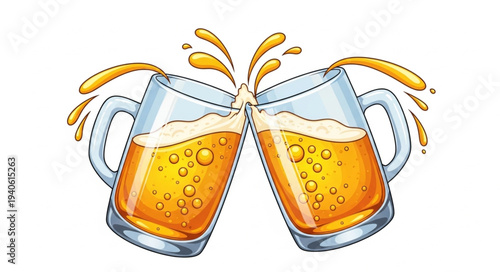 Two Beer Mugs Clinking Together With Splashing Foam.
