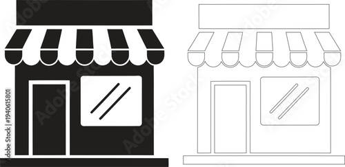 Black and white illustration of two storefronts with awnings and windows