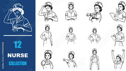 Vector nurse poses illustrations, line art, 12-piece collection, healthcare worker, medical professional, for website, presentation, or marketing material, Isolated on transparent background, png