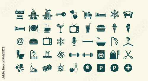 Hospitality and Tourism Icon Set Featuring Hotel Facilities, Food, Leisure, and Travel Services