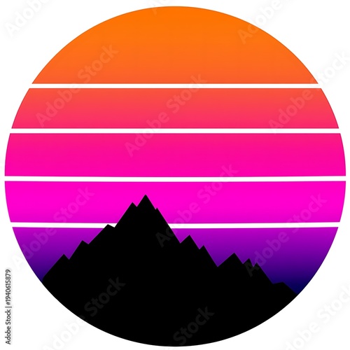 Vibrant Retro Sunset Mountain Landscape Illustration with Gradient Horizontal Stripes in a Circular Design, Evoking an 80s Aesthetic and Synthwave Vibe for a Graphic Background or Logo