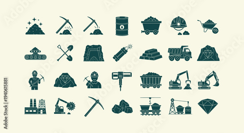 Professional Mining Equipment and Industrial Resource Extraction Icon Set for Infographic Design