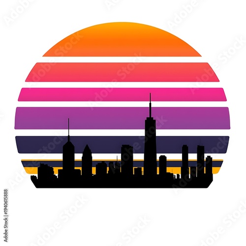 Retro sunset over a city skyline silhouette in vibrant stripes of orange, pink, purple, and blue, evoking a sense of nostalgia and urban exploration