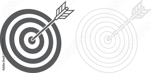 A black and white image of a dartboard with a bullseye and an arrow
