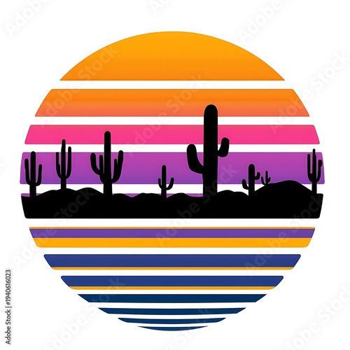 Vibrant Retro Desert Landscape with Silhouetted Cacti at Sunset in a Circular Design, Featuring Bold Striped Hues of Orange, Purple, and Blue