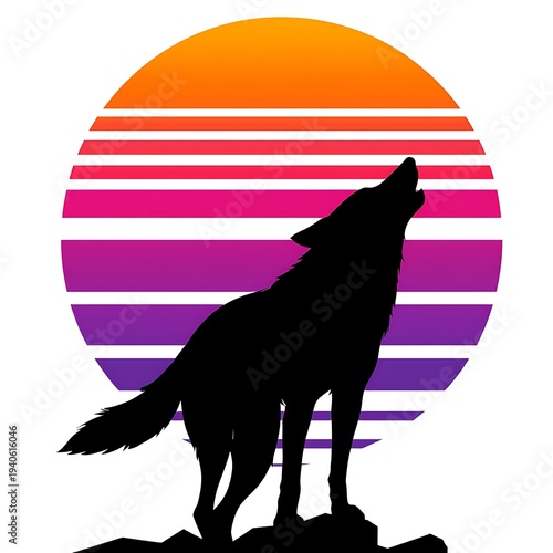 Silhouette of a wolf howling at a vibrant sunset with a retro vibe, evoking a sense of wildness and nostalgia