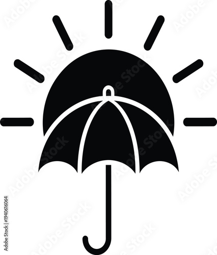 Black and white icon of an umbrella protecting from the sun