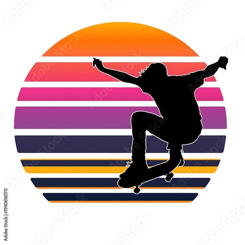 Dynamic Skateboarder Silhouette in Mid-Air Against a Vibrant Striped Sunset Background, Embodying the Thrill of Extreme Sports and Urban Youth Culture