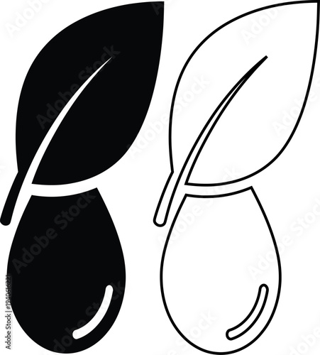 A black and white illustration of two leaves with teardrop shapes