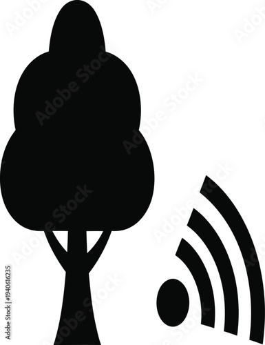 A black silhouette of a tree next to a wi fi symbol on a white background