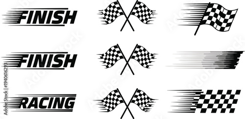 Vector set of black and white checkered racing flags with motion speed lines and text featuring finish and racing isolated on a white background.