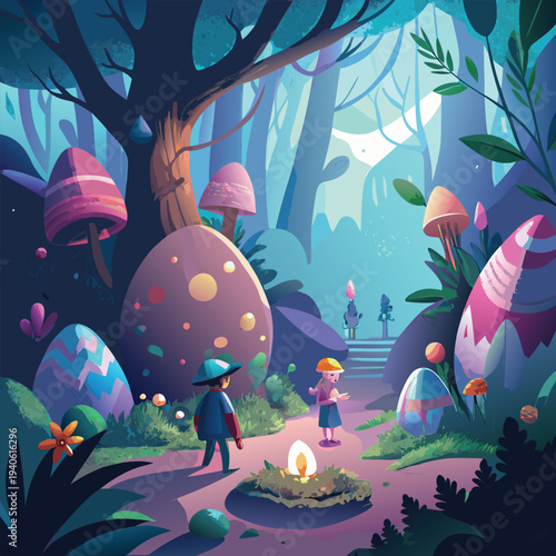 Children explore whimsical forest with giant Easter eggs and mushroom trees fantasy illustration