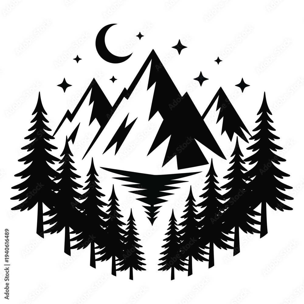 Obraz premium Black silhouette of pine trees and mountains under a crescent moon and stars