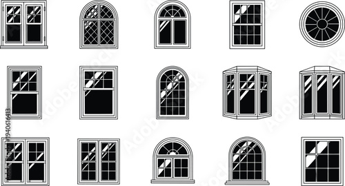 House window silhouette icon set with various classic and arched frame styles isolated on white background for architecture, real estate, and building design