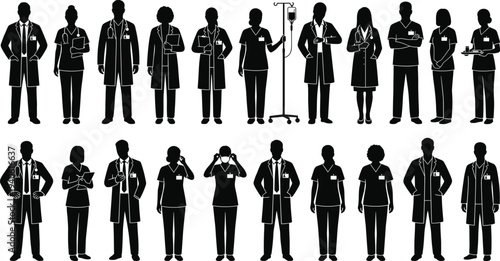 Silhouettes of scientists and laboratory researchers working with microscopes,computers, and medical equipment in a professional clinical lab setting for scientific research development