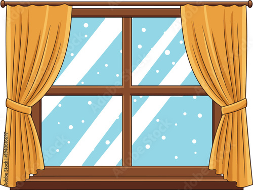 House window with yellow curtains and snowy outdoor view illustration isolated on white background for winter home interior decoration and cozy design concepts